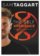 Book cover titled "The Self Xperience" by Sam Taggart. The design features a partial view of a man with a black shirt on the left and a large X in the background. The tagline reads "Start Experiencing Your Best Life.